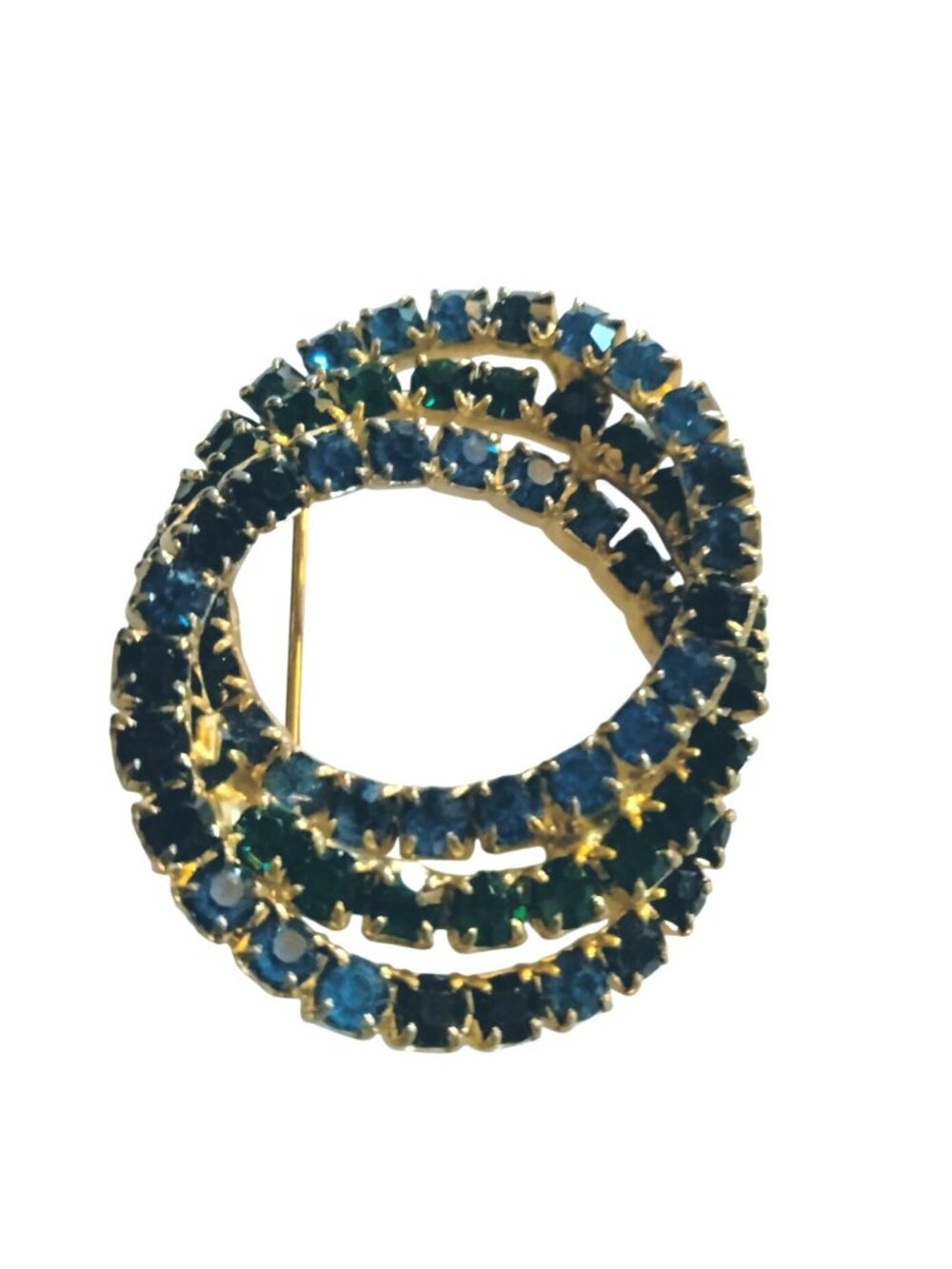 Triple Interlocking Circles Pin Blue Green Rhinestone Brooch - Picture 4 of 5